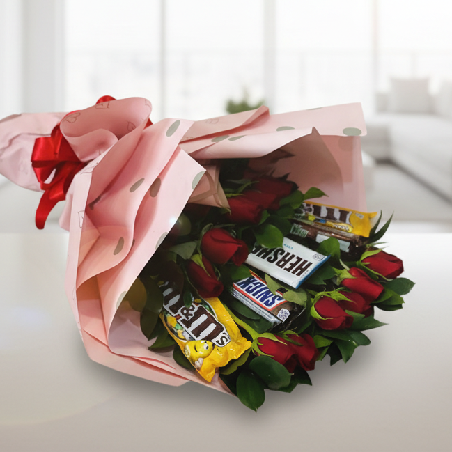 Bouquet two dozen red roses and candy bars