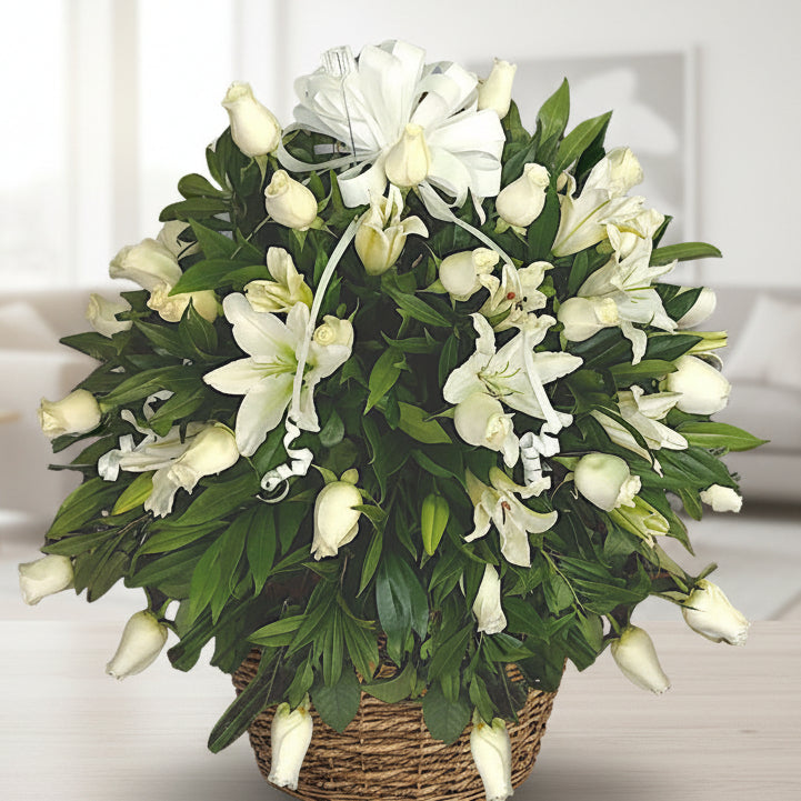 White flowers funeral arrangement for condolences
