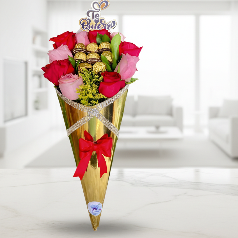 10 Roses & 8 Ferrero Rocher Chocolates – Golden Bouquet for Arboletes Delivery