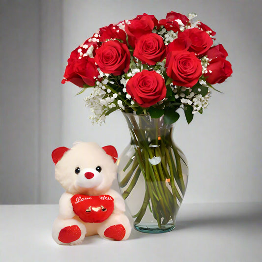 Dozen red roses bouquet with teddy bear