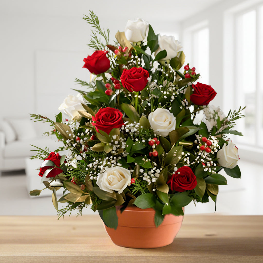 12 Red and White Roses in Elegant Ceramic or basket vase