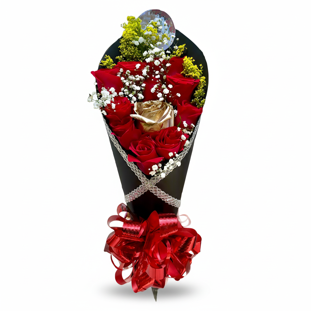 Bouquet of red roses with a gold rose on a black base against a light gray background
