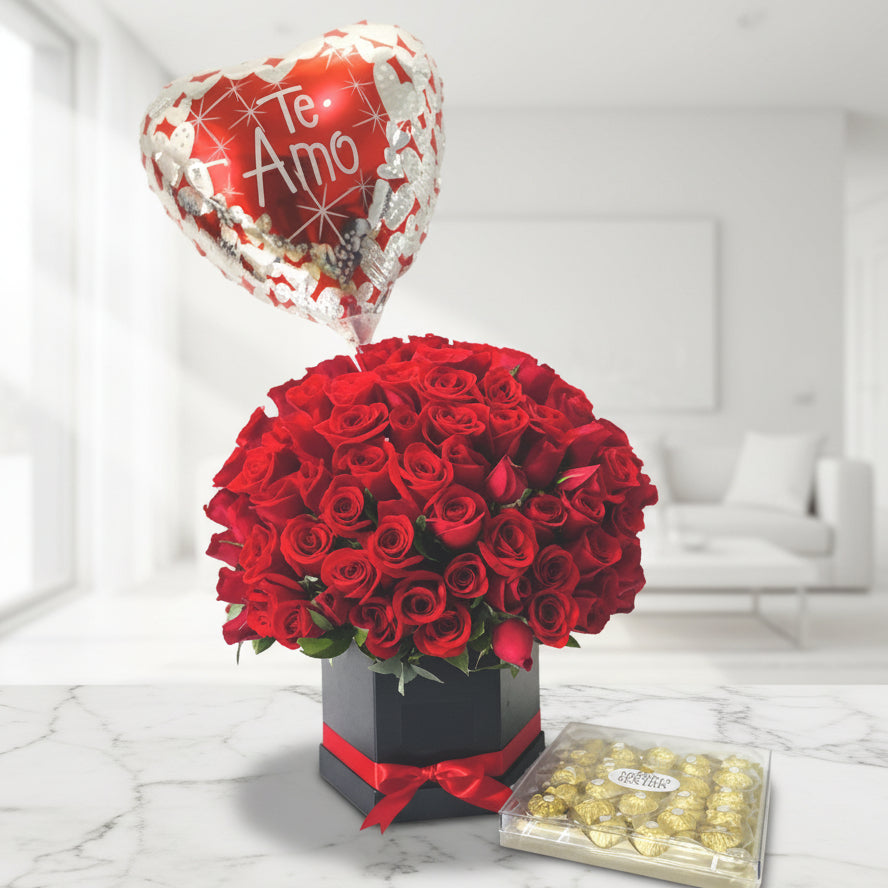100 red roses in box, balloon, box of 24 Ferreros