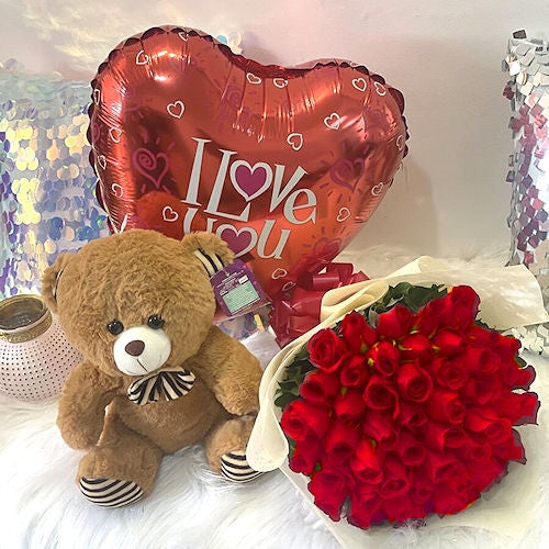 Red roses bouquet, teddy & balloon