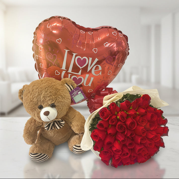 Red roses bouquet, teddy & balloon