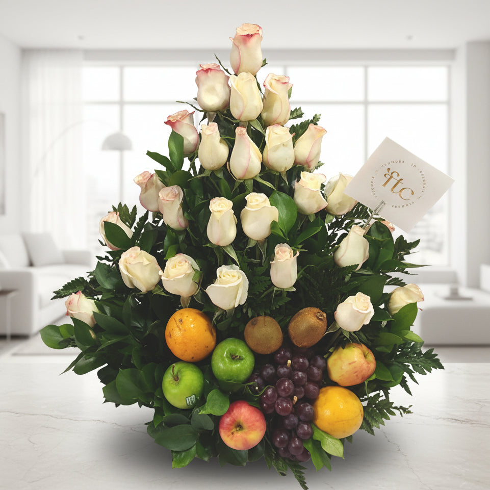 White roses & fruits basket