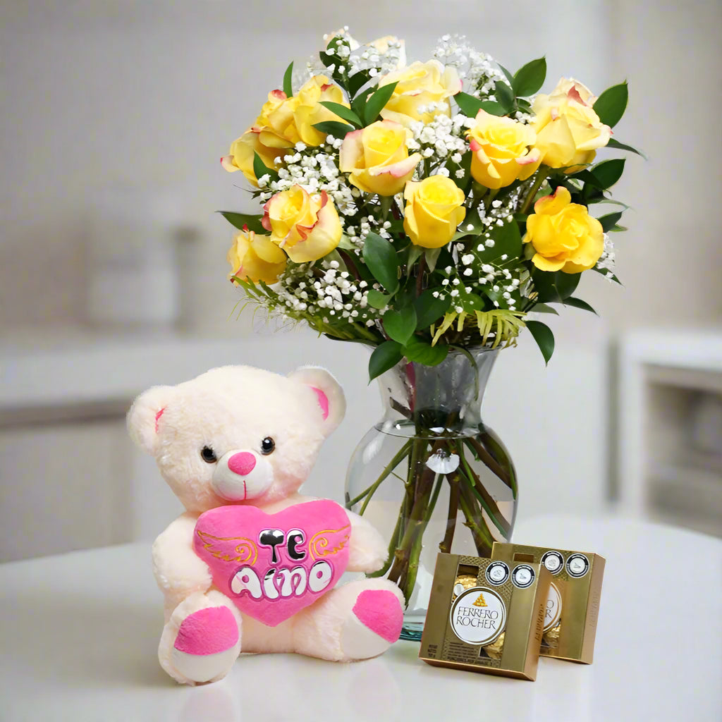 Two dozen yellow roses, teddy bear and ferreros