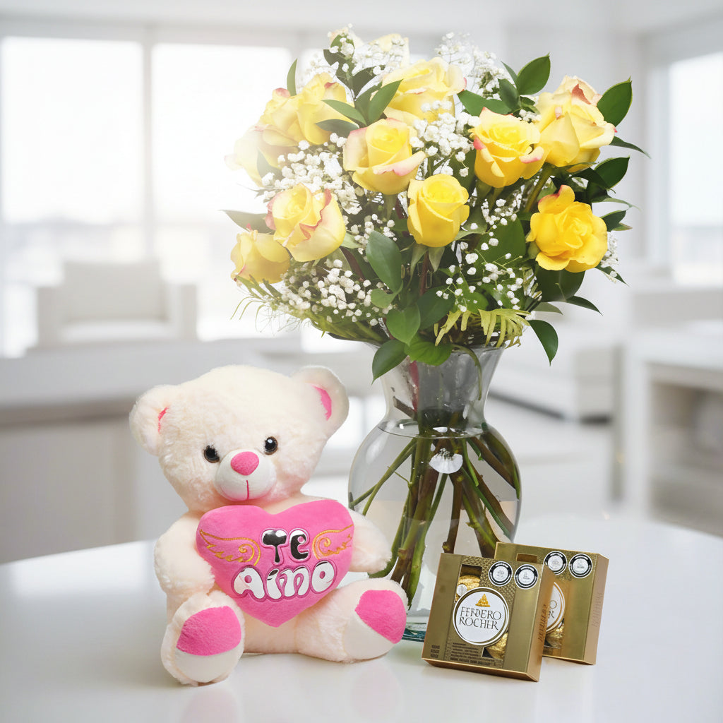Two dozen yellow roses, teddy bear and ferreros