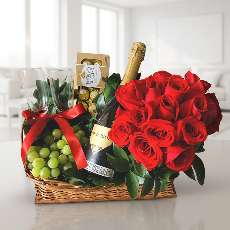 Roses, chanpagne, ferreros & fruits basket