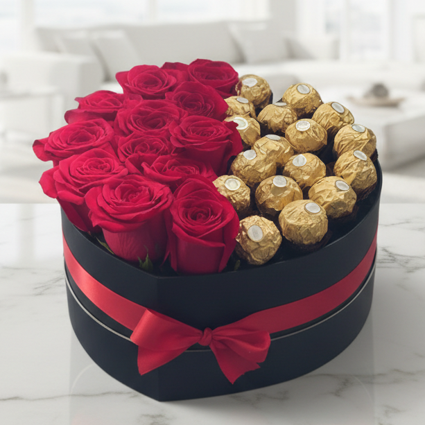 Box with red roses and gold Ferrero Rocher chocolates on a reflective surface, Aroletes Antioquia