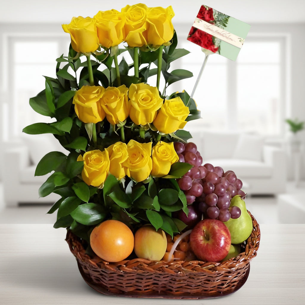 One dozen yellow roses and fruits baskets