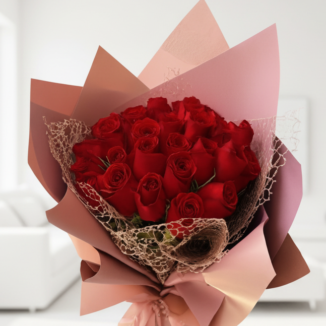 bouquet of 24 red roses wrapped elegantly for delivery in Cali Colombia