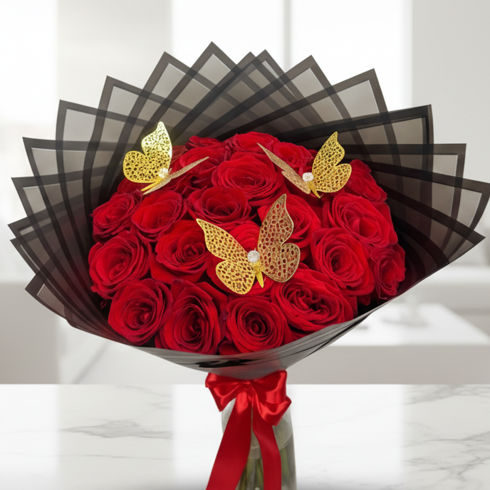 Premium bouquet of 24 red roses decorated with large golden butterflies, wrapped in elegant black floral paper with red bow, available for delivery in Medellín, Colombia.