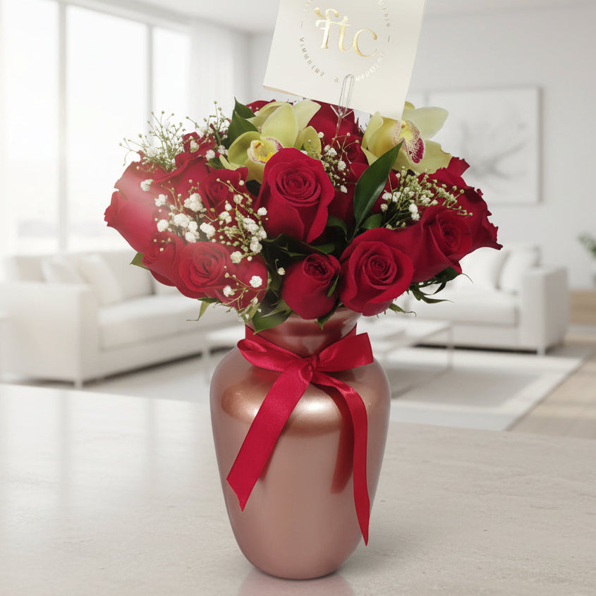 24 Red Roses with Orchid in Red Vase – Medellín Delivery