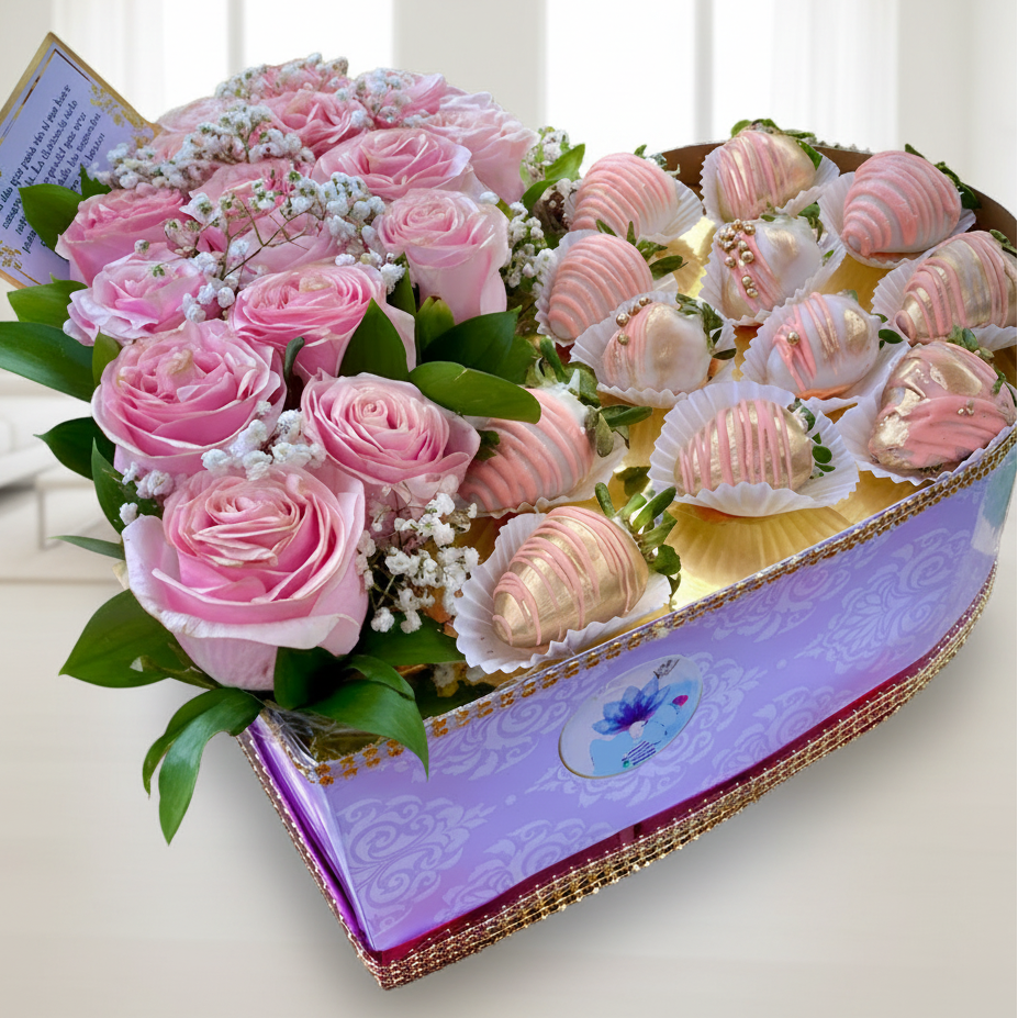 24 pink roses with 12 chocolate strawberries in heart-shaped box – Gift to Colombia