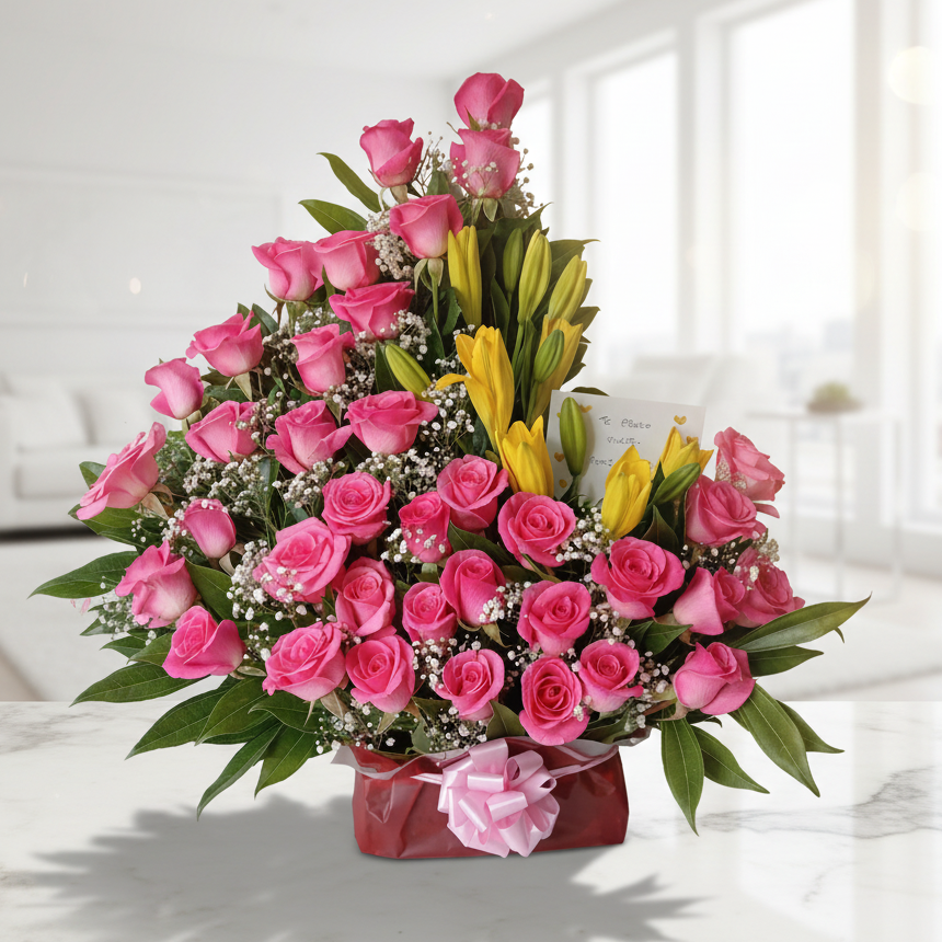 pink roses and yellow lilies flower arrangement for delivery in bogota colombia