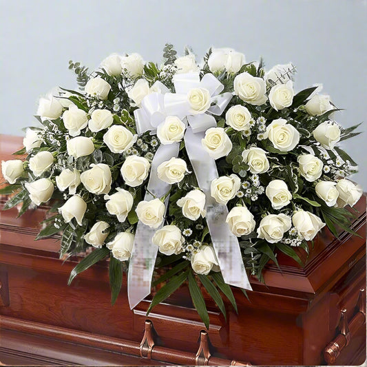 48 White Roses Funeral Spray for Casket – Colombia Delivery
