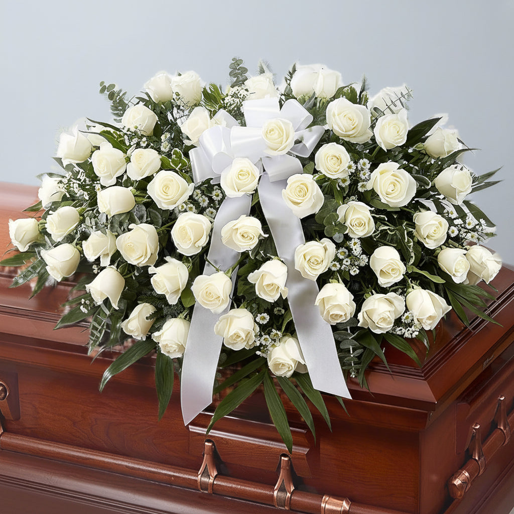 48 White Roses Funeral Spray for Casket – Colombia Delivery