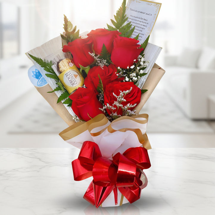 Bouquet with 6 red roses and 3 Ferrero Rocher chocolates, wrapped in kraft and white paper with red bow – delivery in Arboletes, Antioquia