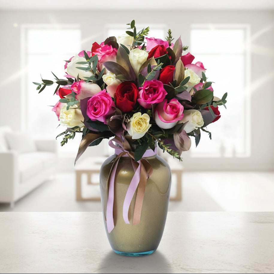 Golden vase 40 pink, white, fuchsia roses