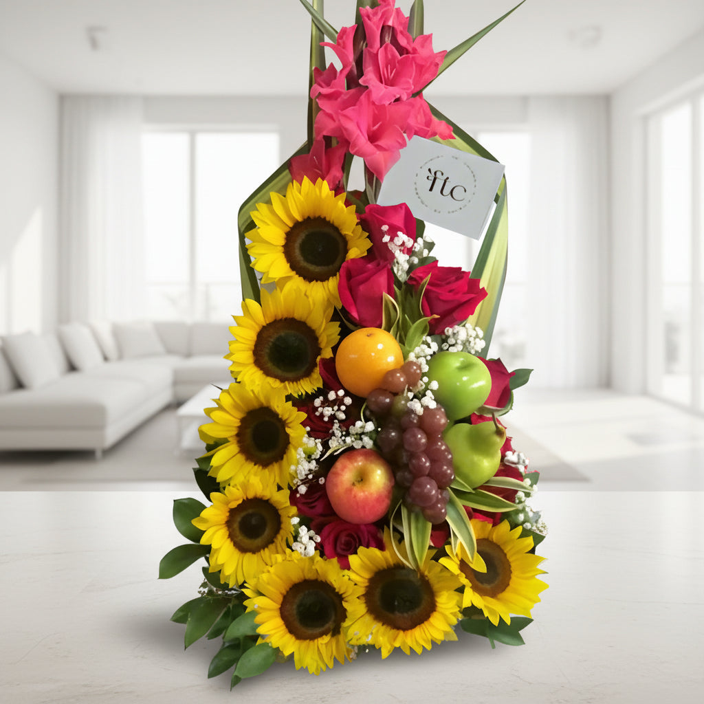 Elegant Sunflower and Rose Arrangement with Fruits