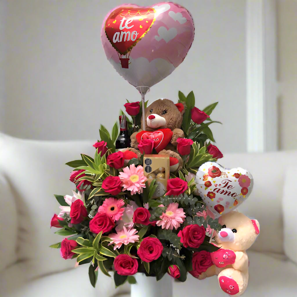 Arrangement with two teddy bears, Wine, Ferreros and two Balloons