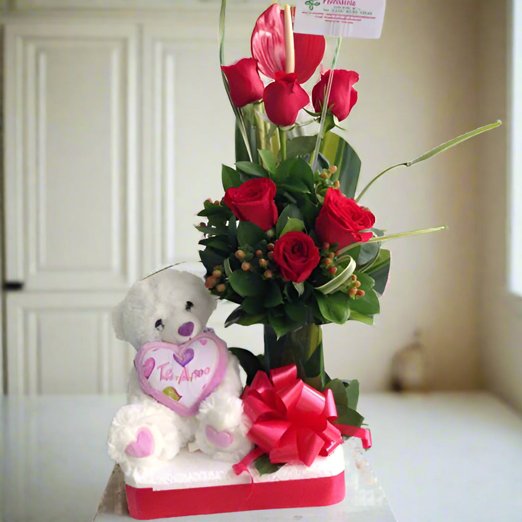 Romantic Rose and Teddy Bear Gift with Anthurium
