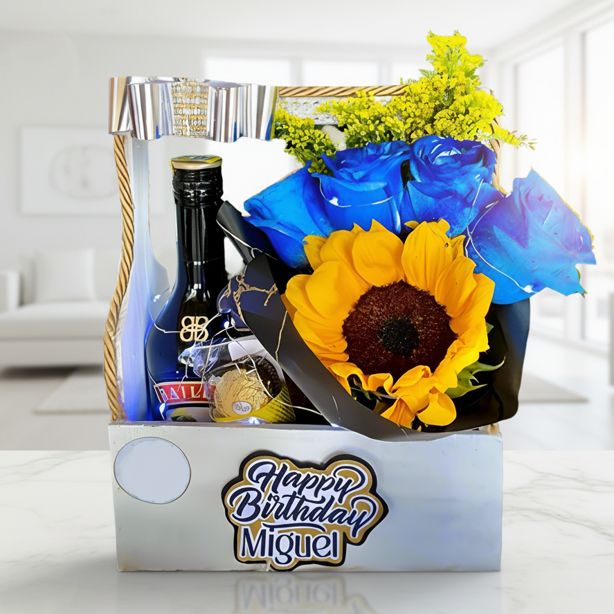 Blue roses, sunflower, Baileys and chocolates in wooden birthday box – Arboletes, Colombia