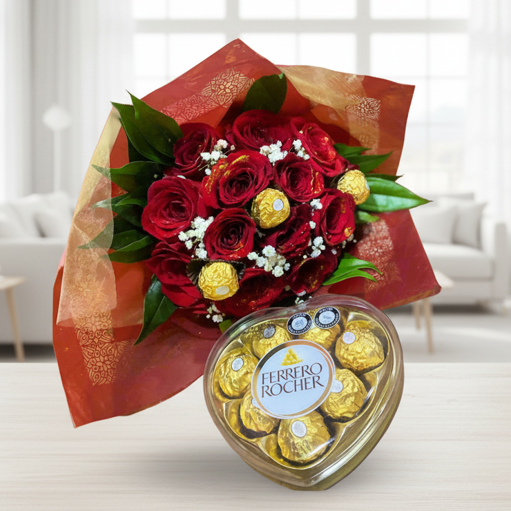 Bouquet of fresh red roses with Ferrero Rocher chocolates and a heart-shaped box – Same-day delivery in Acacías, Meta