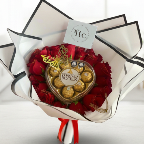Bouquet of fresh red roses with heart-shaped Ferrero Rocher – Same-day delivery in Acacías, Meta