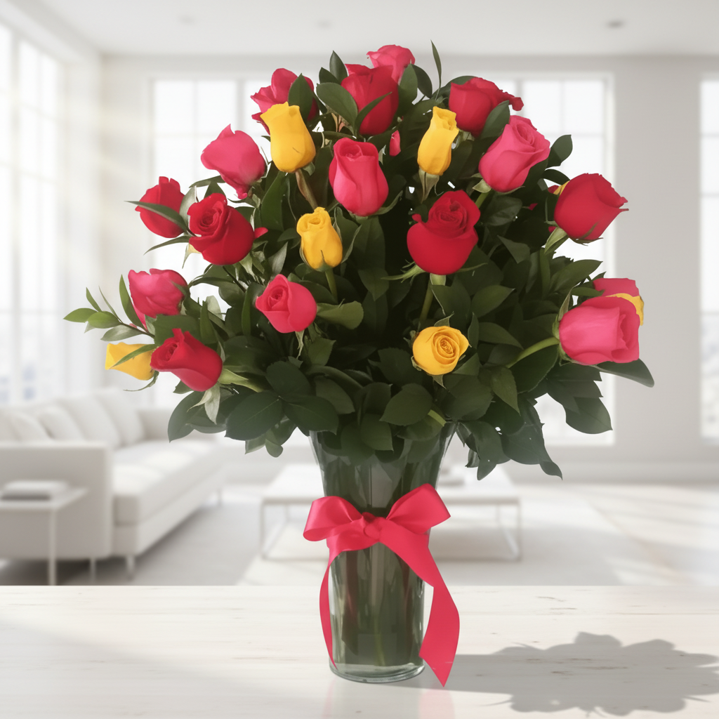 Three dozen mixed color roses arranged with fine greenery in a clear glass vase with red ribbon for delivery in Pereira