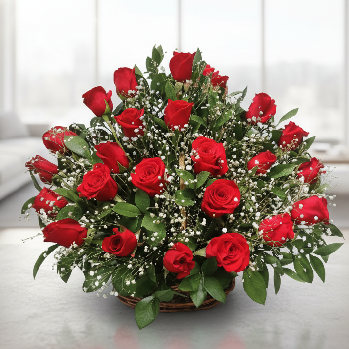 Two dozen red roses arranged with fine greenery in a classic floral design for delivery in Pereira