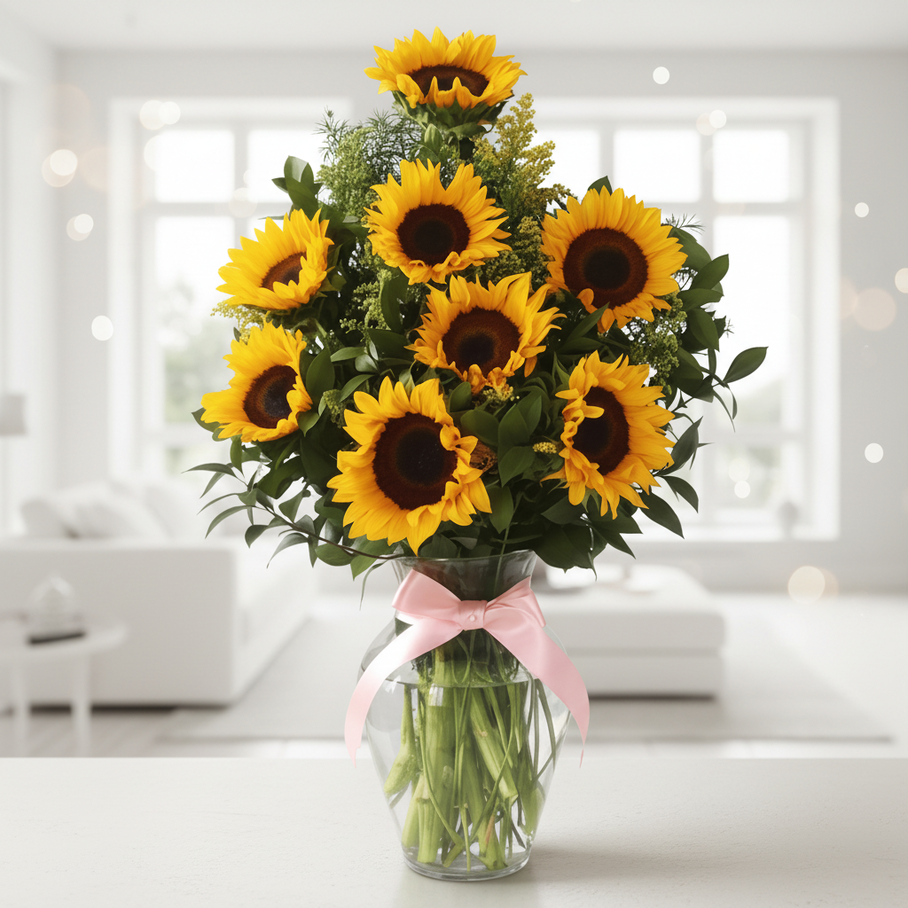 Eight sunflowers arranged with fine greenery in a clear glass vase with pink ribbon for delivery in Pereira
