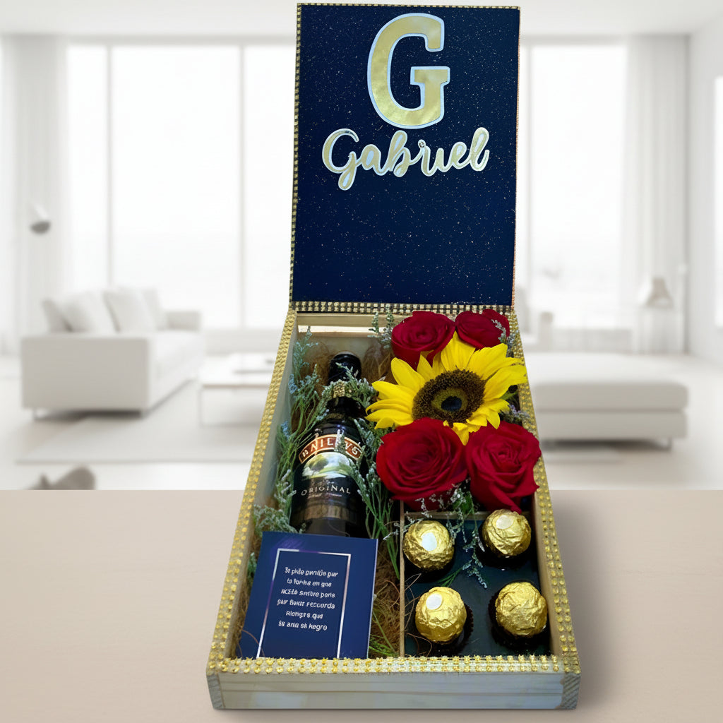 Wooden Trunk Box with Baileys, Chocolates and Flowers – Arboletes Antioquia