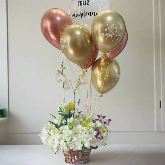 Luxury birthday flower basket with orchids, roses, lilies, and gold balloons – Medellín flower delivery