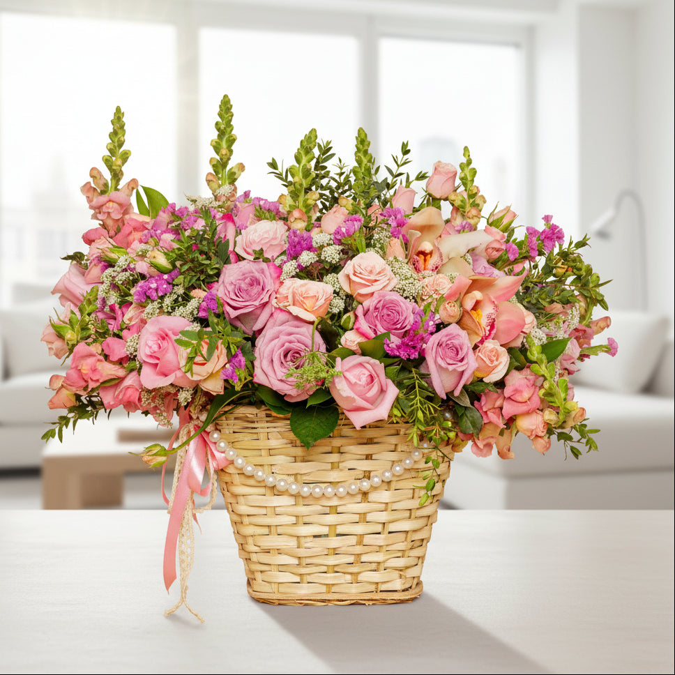 Elegant Mother’s Day basket arrangement with pink roses, orchids, snapdragons, and seasonal flowers in a pearl-accented woven basket.