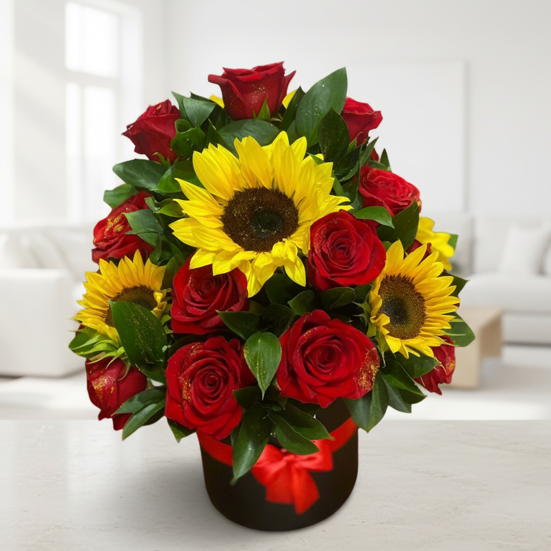 Floral arrangement with bright sunflowers and red roses in a black hat box with red ribbon – Same-day delivery in Acacías, Meta