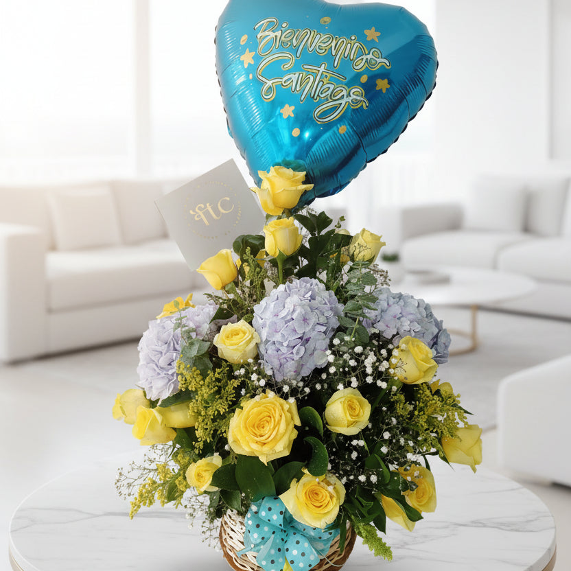 new baby flower arrangement with yellow roses hydrangeas balloon flower delivery cucuta colombia