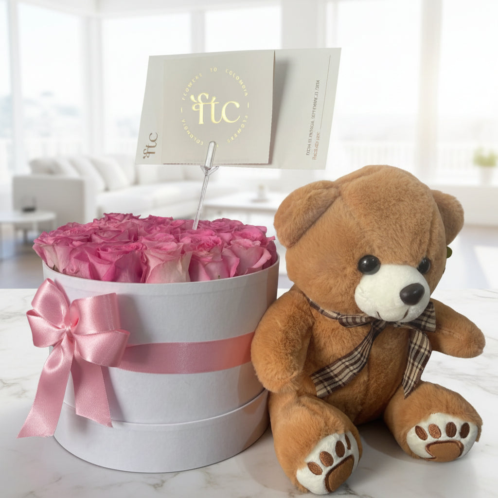 36 Pink Roses in a White Box with Teddy Bear – Perfect Gift for Any Occasion