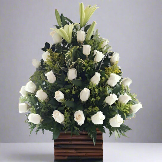White Roses & Lilies Sympathy Arrangement – Delivery in Colombia