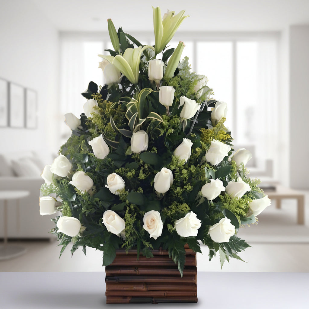 White Roses & Lilies Sympathy Arrangement – Delivery in Colombia