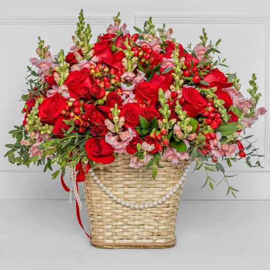 Luxury Floral Basket with Red Roses, Pink Flowers & Pearl Details