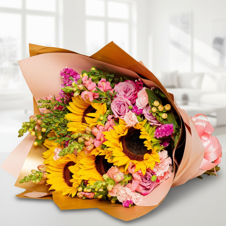 Sunflower and Pink Rose Bouquet