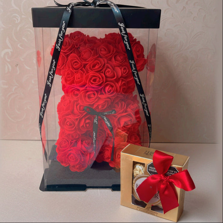 Rose Foam Teddy Bear with Wine or Ferrero Rocher (4 pcs) – Pereira