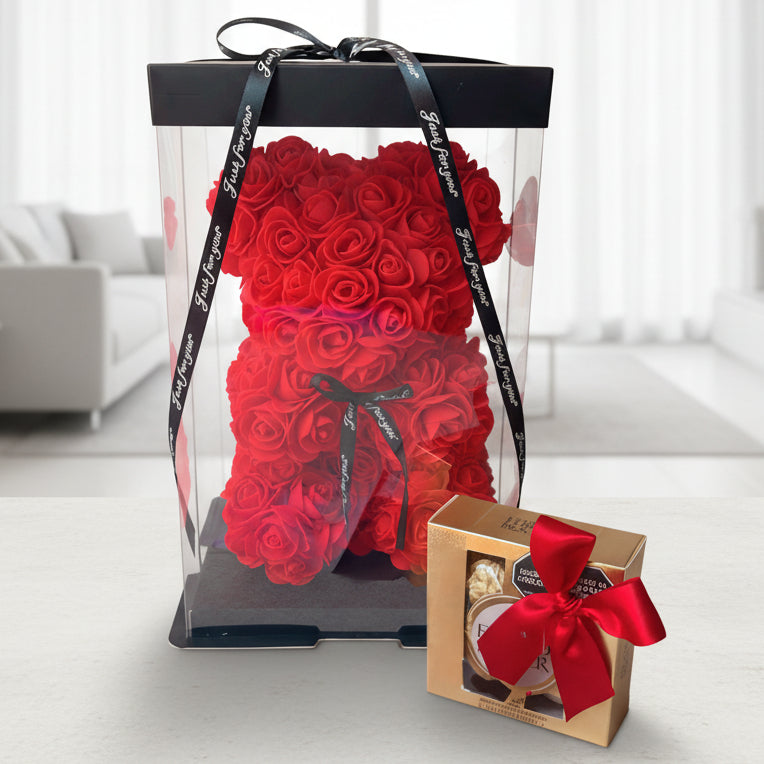 Rose Foam Teddy Bear with Wine or Ferrero Rocher (4 pcs) – Pereira