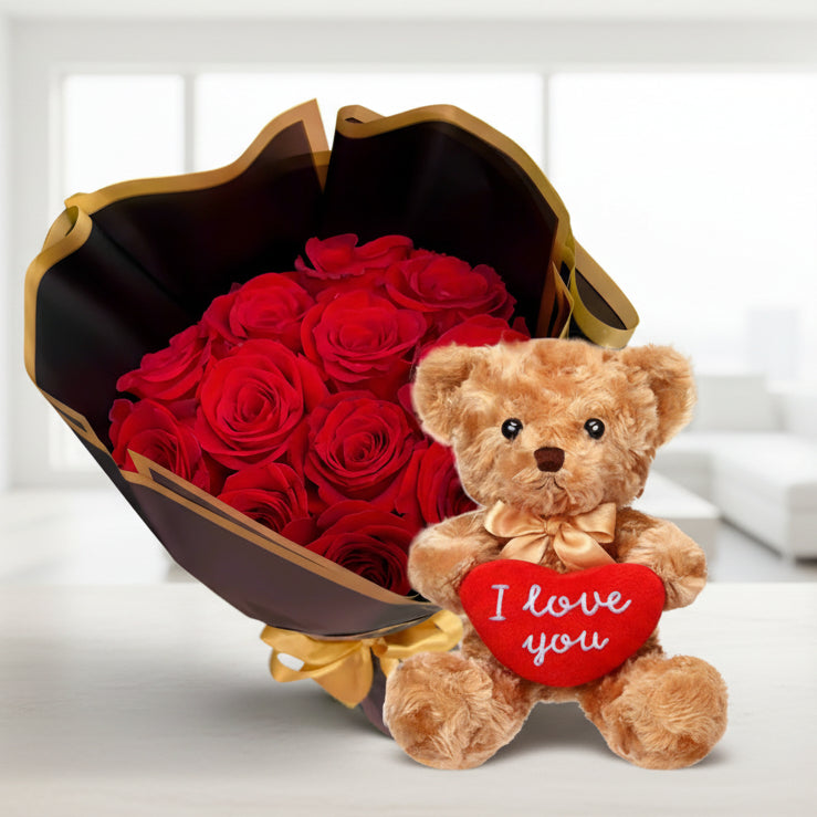 One roses bouquet and teddy bear.