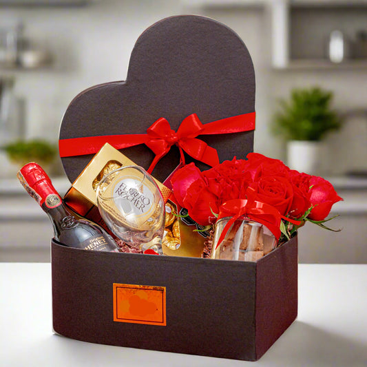Heart Box with Roses, Chocolates, and Sparkling Wine