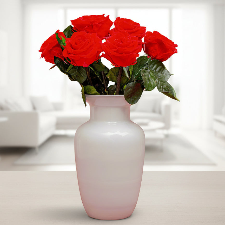 Luxury white vase with 6 premium red roses, perfect for sophisticated gifting in Bogota.