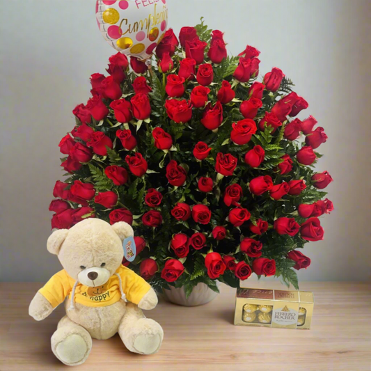 Luxury basket of 100 red roses with teddy bear, Ferrero chocolates and balloon