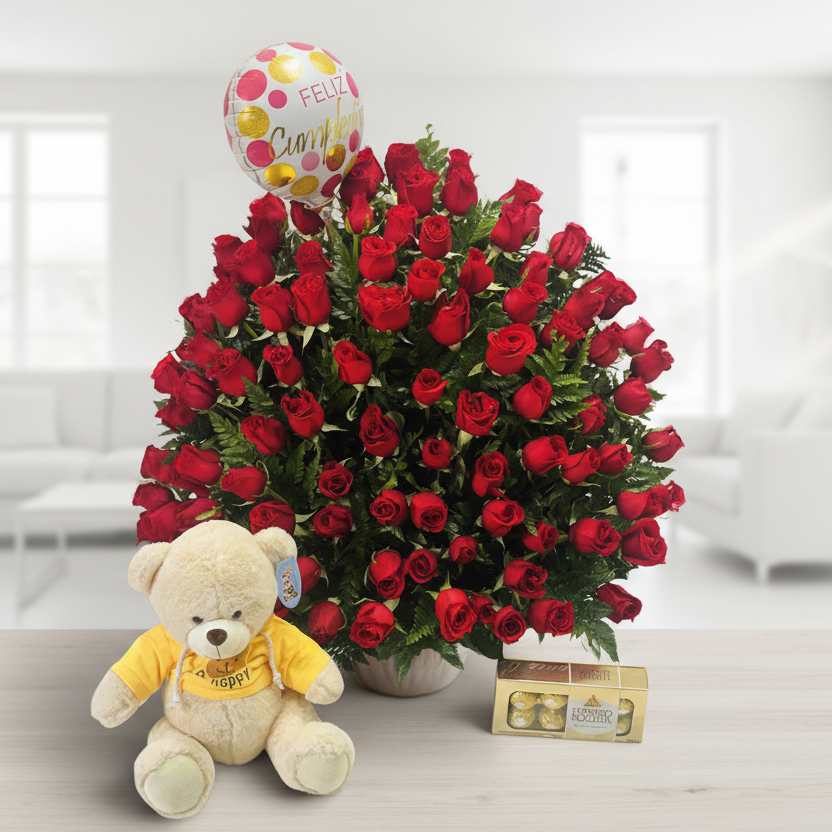 Luxury basket of 100 red roses with teddy bear, Ferrero chocolates and balloon